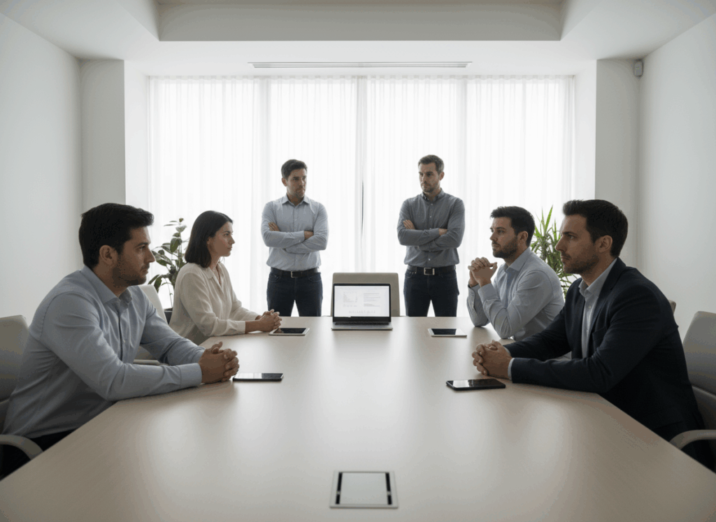 Reunión de trabajo donde se percibe tensión emocional, ilustrando cómo el estrés se contagia en las organizaciones.
