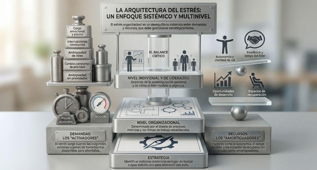 Infográfico que explica los tres niveles del estrés en una organización: individual, liderazgo/equipo y organizacional, y cómo interactúan para generar o amplificar el estrés laboral.